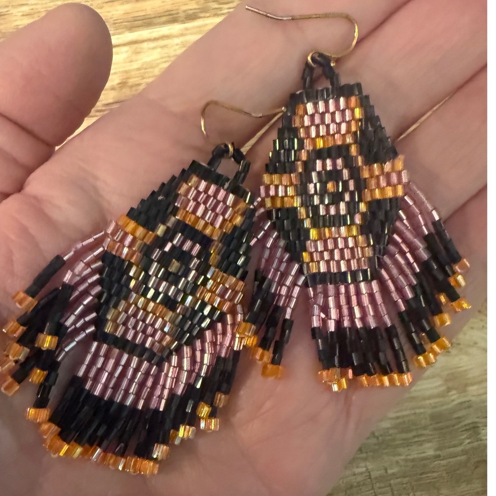 Hand Beaded Butterfly Wing Fringe Earrings Pink Black Orange Seed Bead Boho